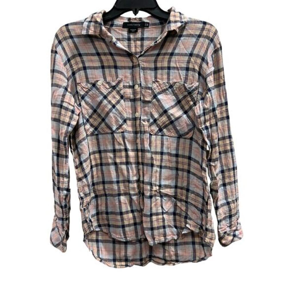 Sanctuary boyfriend plaid linen blend beige blue grunge Streetwear shirt sz XS